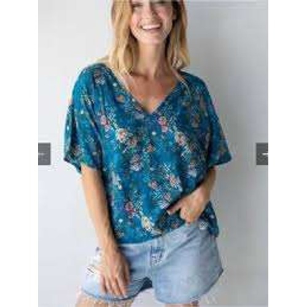 Natural Life Womens Teal Floral V-Neck Short Sleeve Top XS Boho Cottage Flowy